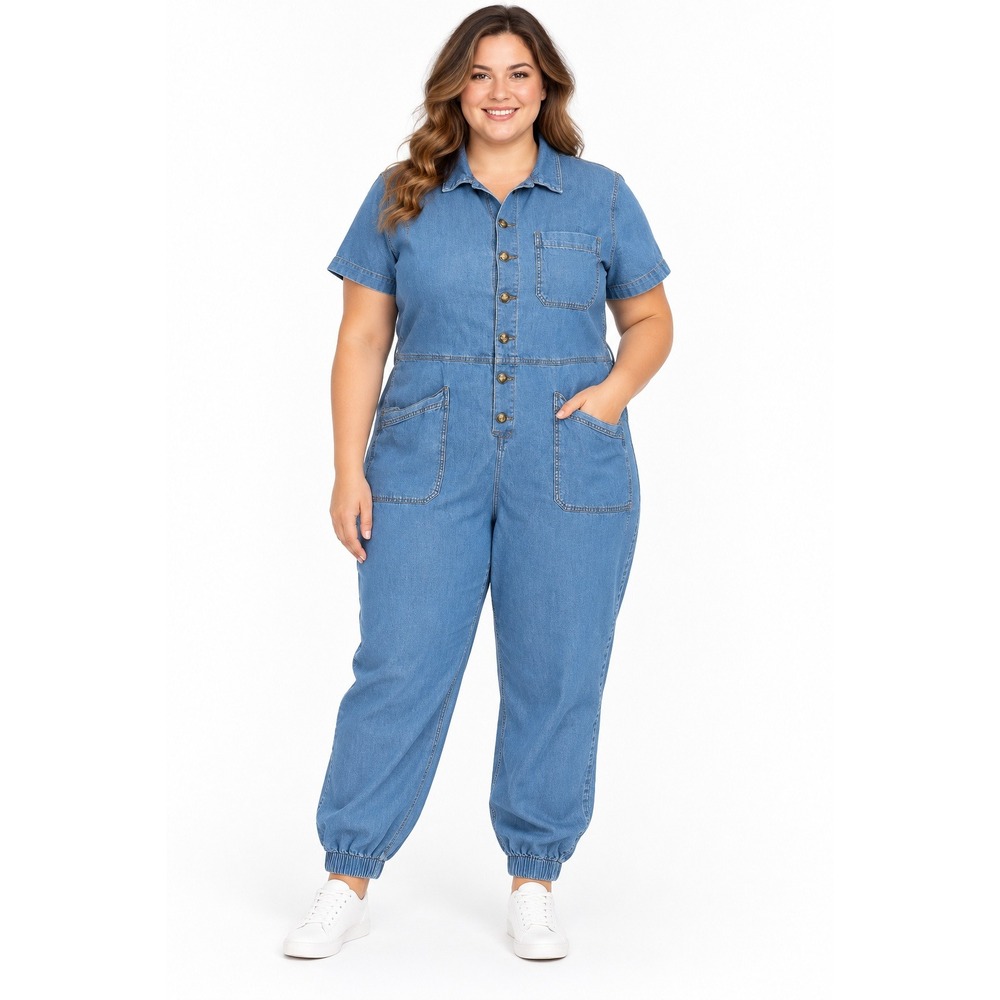 No Boundaries Womens XXXL/3XG Denim Utility Jumpsuit Short Sleeve Jogger Blue